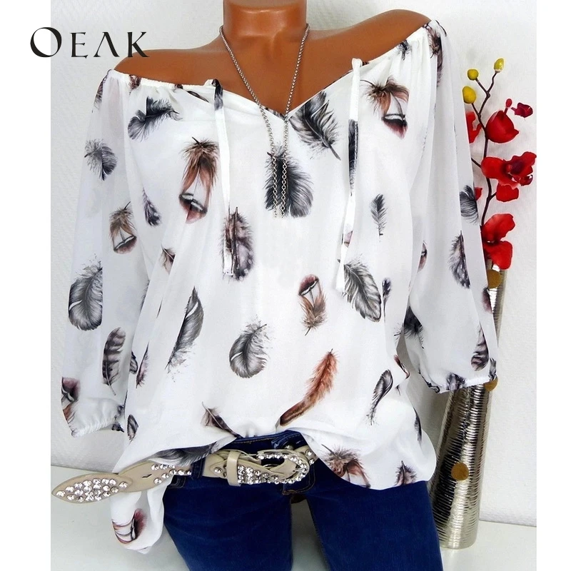 OEAK 5XL летние женские Базовые Футболки с принтом перьев футболки коротким рукавом