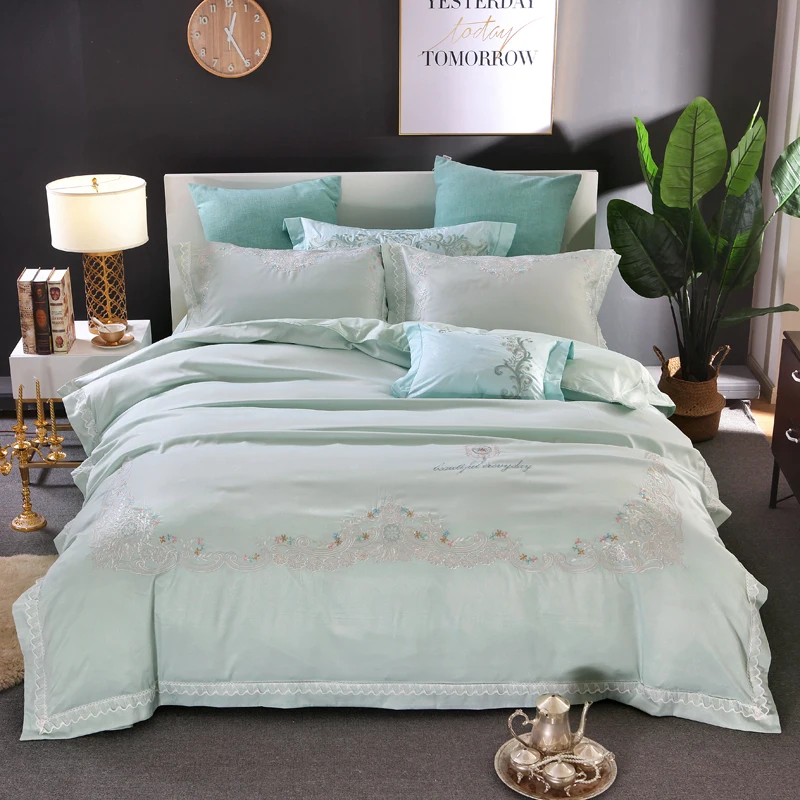 2018 Luxury 80S Tencel Bedding Set Queen King size embroidery Duvet Cover Bed sheet set Pillowcase | Дом и сад
