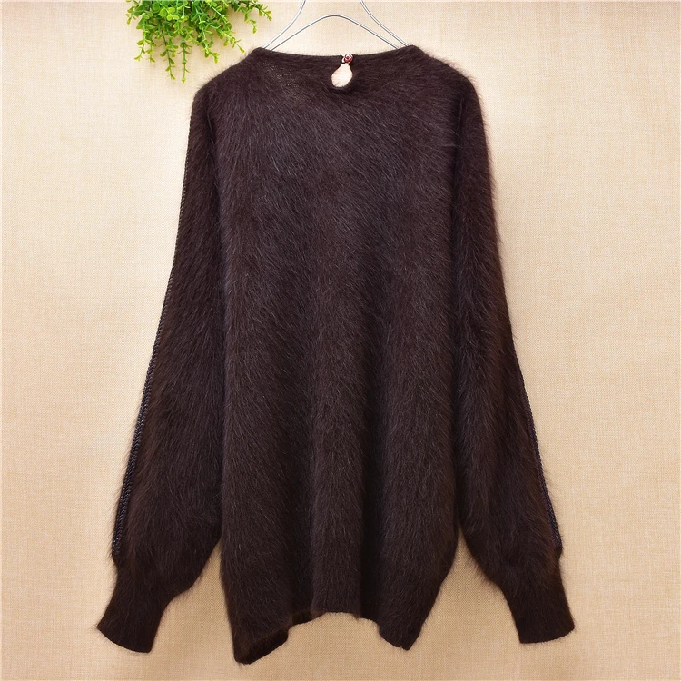 

Elegant vintage female winter fuzzy bowknot angora rabbit wool appliques loose long batwing sleeves mink fur pullover sweater