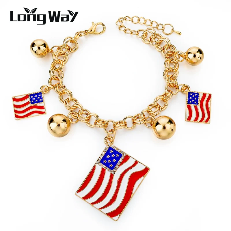 

LongWay bracelets gold Color Chain Bracelet With Pendant Jewelry USA Flag Bracelets For Women Pulseras Mujer Sbr150373