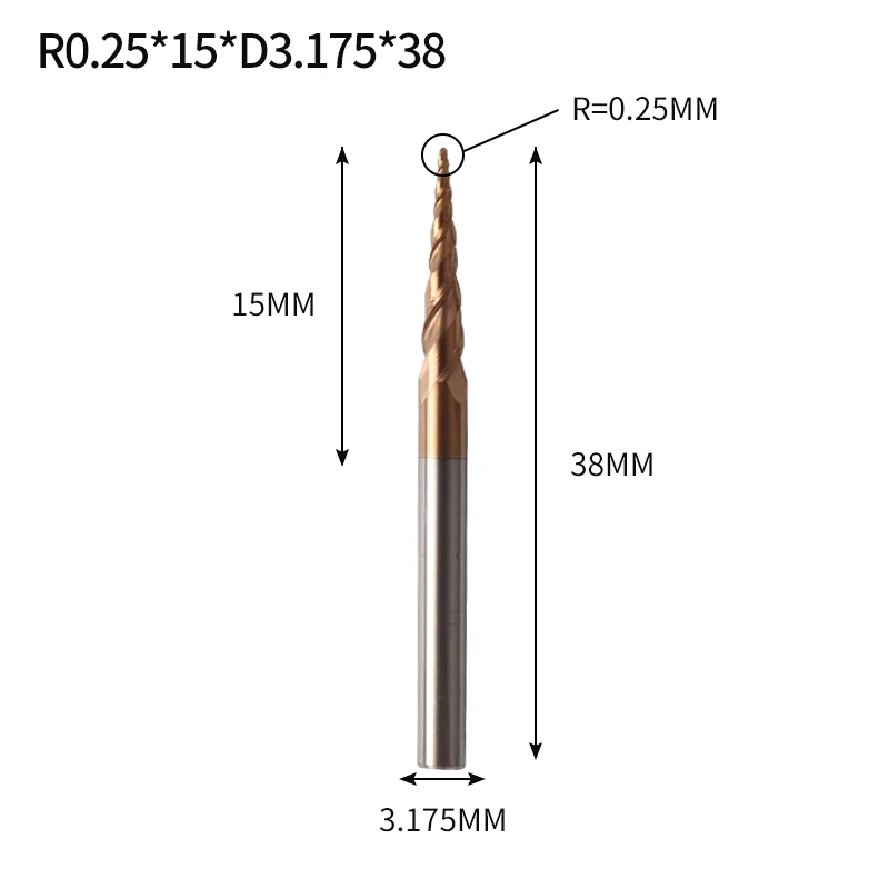 R0.25X15XD3.175X38L Augusttools конические сферические Концевые Фрезы HRC60 из карбида вольфрама с ЧПУ фрезерный станок для дерева, металла, фрезерования 3,175 мм 4 мм 6 мм 8 мм - Длина режущей кромки: R0.25X15XD3.175X38L