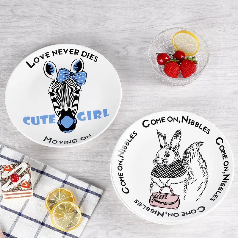 Керамическая тарелка в скандинавском стиле с изображением животных стейк блюдо