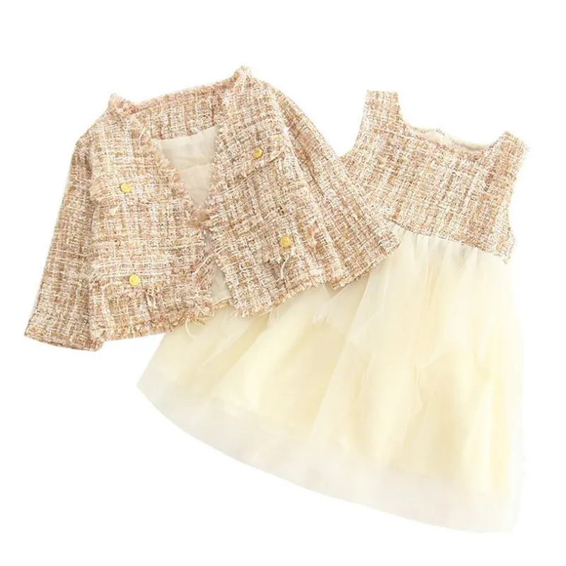 

Baby Girls Clothing Set 2pcs V-neck Cardigan Coat+Sleeveless Mesh Vest Tutu Dress Princess Suit Set Elegent Girls Outwear Sets