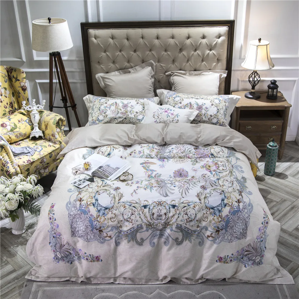 European palace style bedding set 4 piece 60S egyptian cotton bed sheets pastel blue and gold pattern duvet quilt covers linen | Дом и сад