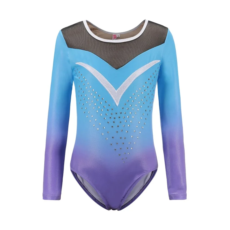Синий Children's Ballet Gymnastics Suit Dance Practice Clothes Dance Clothes Girls Long Sleeve Diamond Pattern Body Suit - Цвет: Синий