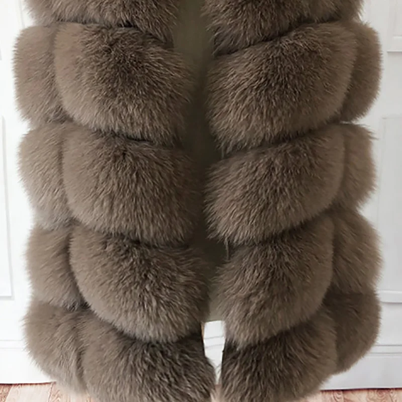 Khaki Пальто из настоящего меха, женская теплая и стильная куртка из натурального Лисьего меха, жилет с воротником-стойкой и длинным рукавом, кожаное пальто, пальто из натурального меха - Цвет: Khaki