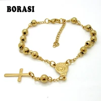 new desginer top quality women accessories stainless steel bead bracelet with cross pendant pulseiras pulseras rosary bracelets