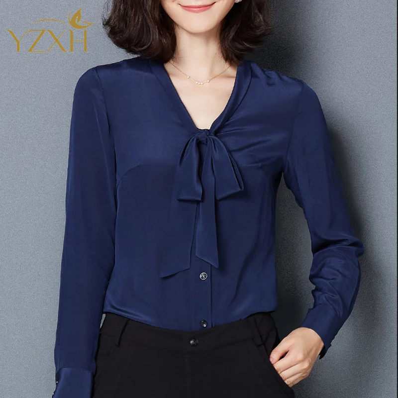 The new women's bow long sleeved shirt and loose women slim stretch silk tie female white |