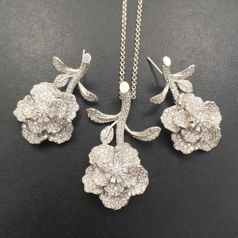 Lanyika Jewelry Set Luxury Stereo Plant Flower Zircon Micro Plated Necklace with Earrings for Woman Wedding Bridal Best Gifts | Украшения и