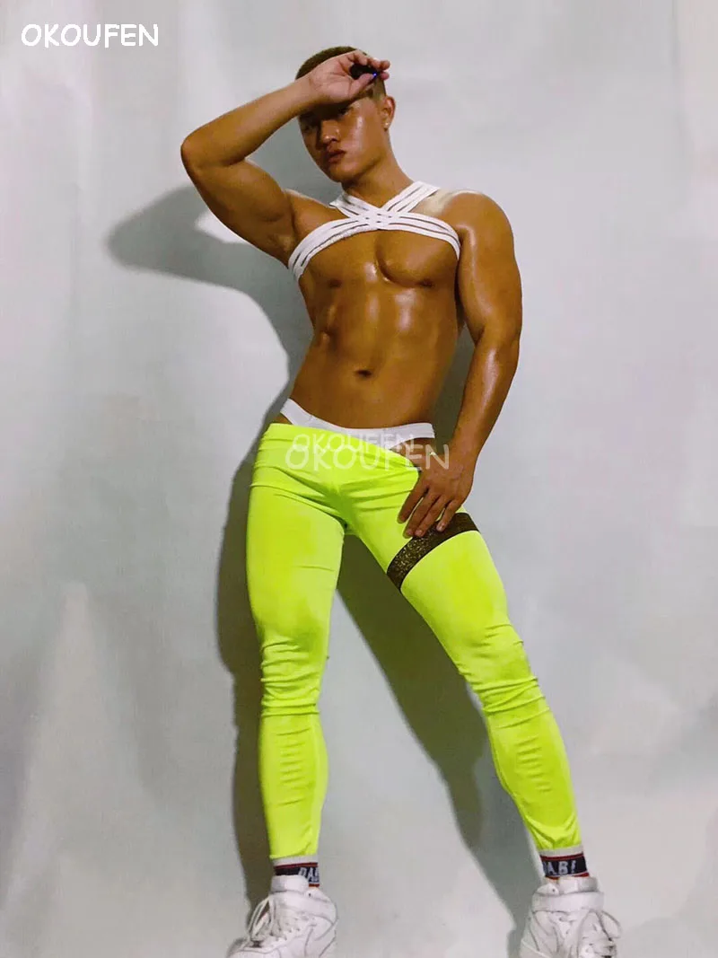 Fashion Sexy Men's fluorescent tights chest strap Costumes Nightclub bar singer dance team show stage performance clothing set |
