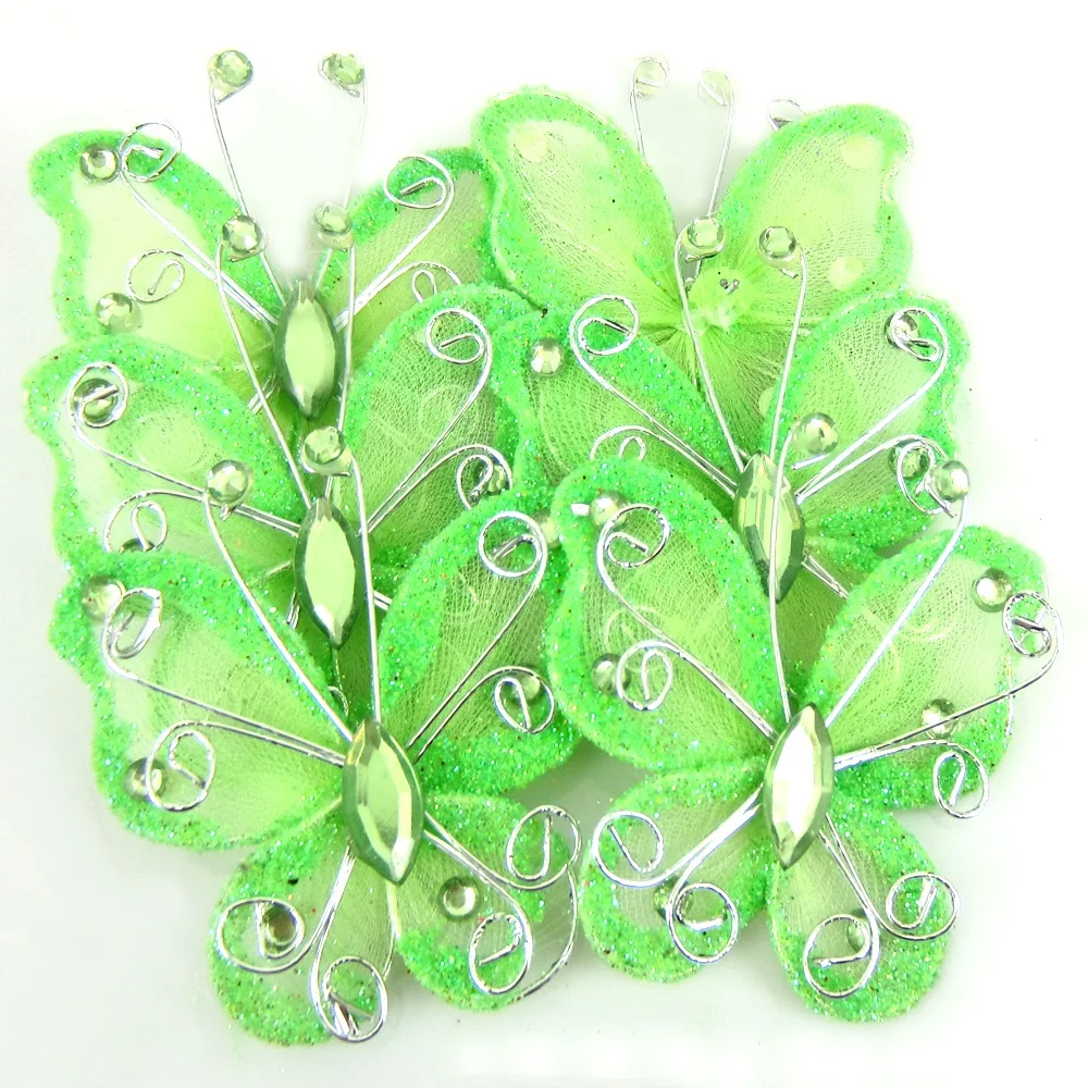 10 шт. 2 дюйма зеленые бабочки из нейлоновой органзы в сеточку и стразы блестящие