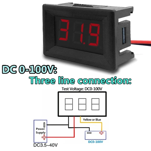 DC 0-100V Red 0,36 дюймов DC светодиодный цифровой вольтметр 0-100 в измеритель напряжения автомобильный мобильный тестер напряжения 12 В красный зеленый синий желтый - Цвет: DC 0-100V Red
