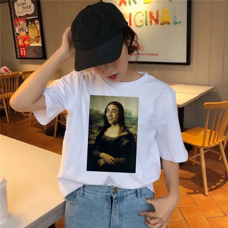 Mona Lisa футболка хип-хоп Футболка женская Забавный Топ Футболка harajuku 90s Уличная Повседневная с принтом Новая Корейская