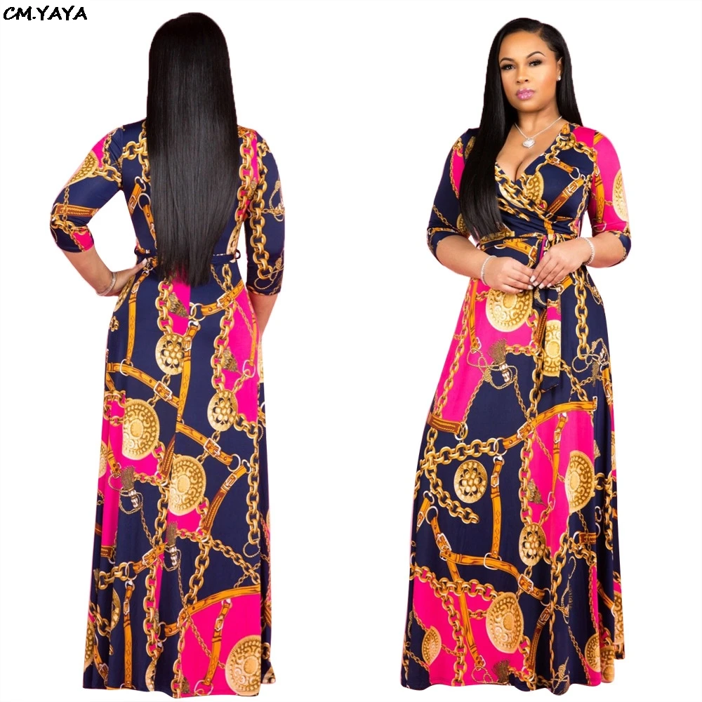 2019 women summer vintage chain notched v-neck three quarter sleeve maxi dress party beach bohemian long dresses 3 color YM-8349 | Женская