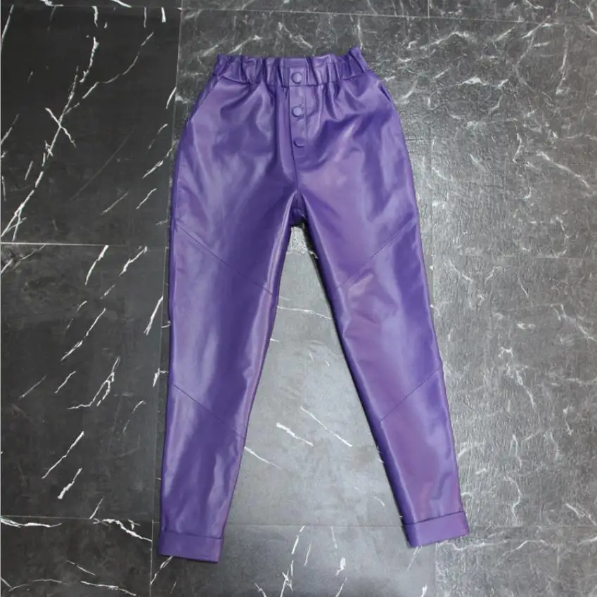 Модные брюки из натуральной овечьей кожи с пуговицами модные женские карандаш