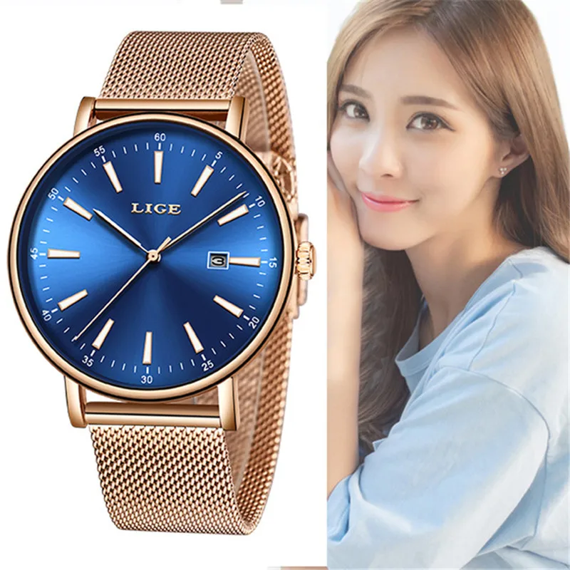 2019 LIGE новинка розовое золото женские часы Бизнес Кварцевые Топ бренд роскошные