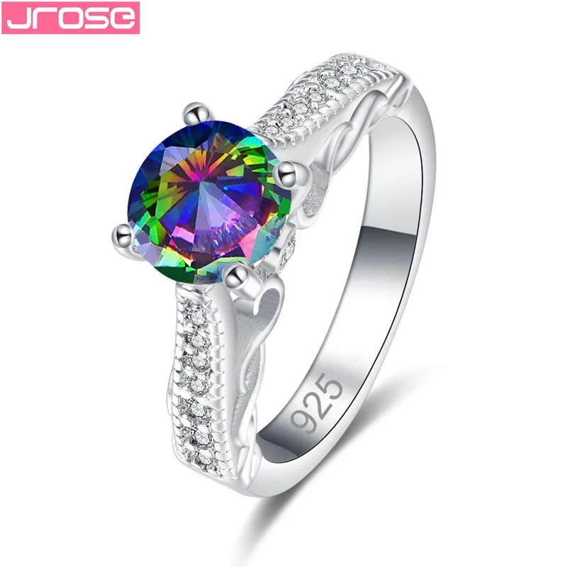 

JROSE Classic Big Round Rainbow White Zircon Rings For Women Sterling Silver 925 Jewelry Wedding Engagement For lovers Gifts