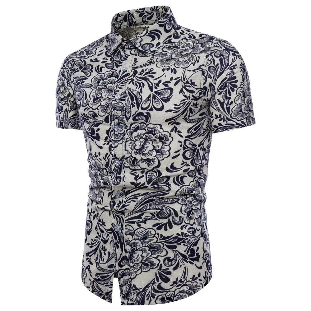 

Blouse Men Summer Bohe Floral Short Sleeve Linen Basic Blouse Top Plus Size Chemise Homme Manche Court Men Blouses M-5XL