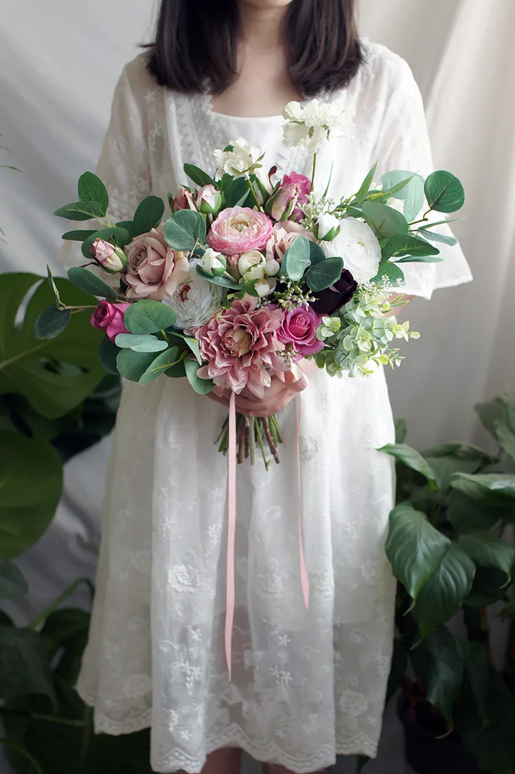 Романтические свадебные букеты jaevini розовые шелковые цветы зеленые листья