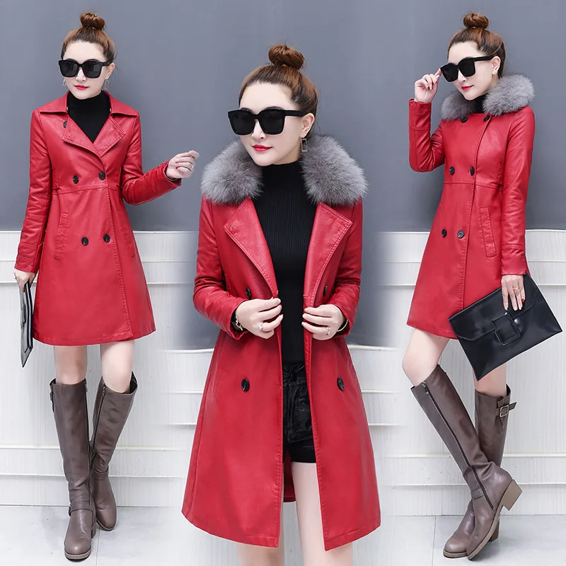 Women's fur collar coat 2018 autumn and winter fashion new Korean temperament Slim thick coat long section of PU leather coat TB