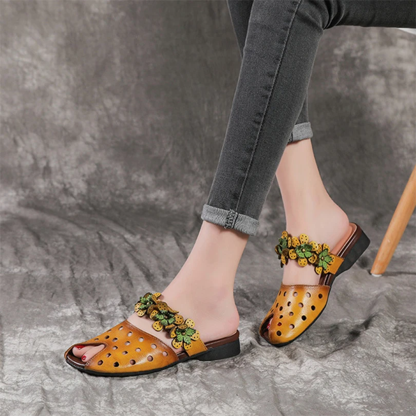 Женские тапочки ручной работы из натуральной коровьей кожи летние туфли без