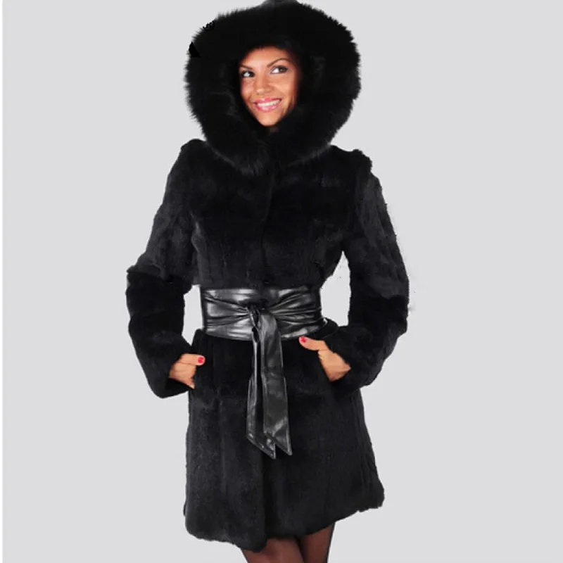 

New Women's Mink Fur Coat Long Section Hooded With Belt Man-Made Fur Coats Female Slim Fake Fur Outwear Large Size S/6XL D445