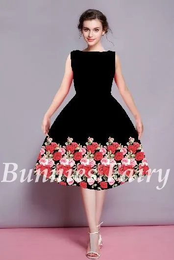 BunniesFairy, весна, новинка, Хепберн, винтажный стиль, красный, розовый, цветочный принт, высокая талия, жилет, миди, платье, новогодние, вечерние