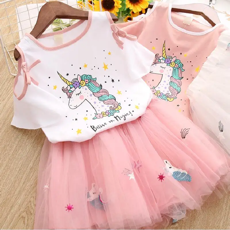 Toddler Kids Baby Girls Clothes Unicorn T-Shirt+Tulle Skirt 2PCS Birthday Outfits Suit Kids Children Summer Clothing Sets
