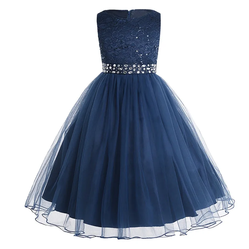 Navy Blue Детские пышные вечерние платья, расшитые блестками, кружевные сетчатые Платья с цветочным узором для девочек, бальные платья без рукавов, платье для свадебной вечеринки, дня рождения - Цвет: Navy Blue