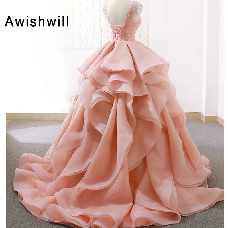 Gorgeous Long Prom Dress Scoop Neck Beading Lace Top Organza Puffy Ball Gown Evening Dress for Marriage Elegant Formal Gowns