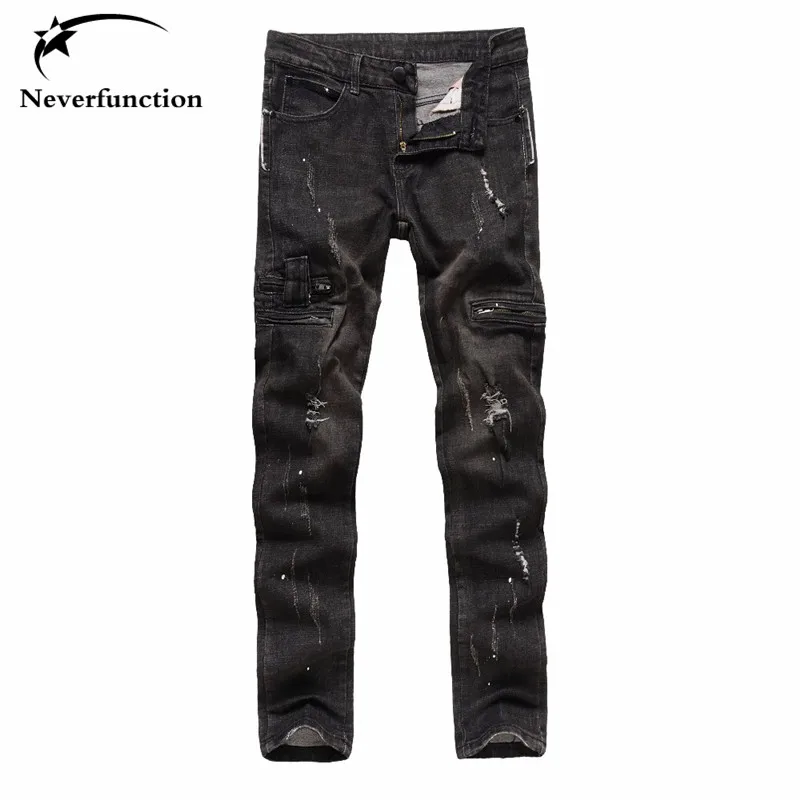 

Fashion men black jeans slim fit man denim hiphop swag Stretch pants ripped jeans for men moto jeans distrressed designer style