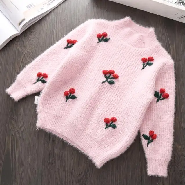pink color Свитер для маленьких девочек вязаная одежда топы, коллекция года, осенне-зимняя хлопковая Верхняя одежда Детская шерстяная одежда свитер с вишенками, пуловер для девочек возрастом 5, 6, 7 лет - Цвет: pink color