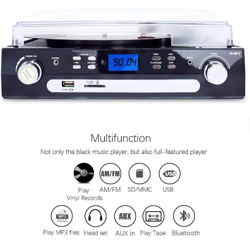 Проигрыватель динамики Bluetooth стерео LP винил чтобы MP3 конвертер кассета радио aux in