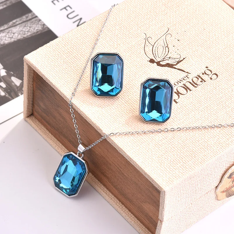 Mosaic Sea Blue Pendant Stud Earrings Set Europe and America Party Engagement Accessories | Украшения и аксессуары