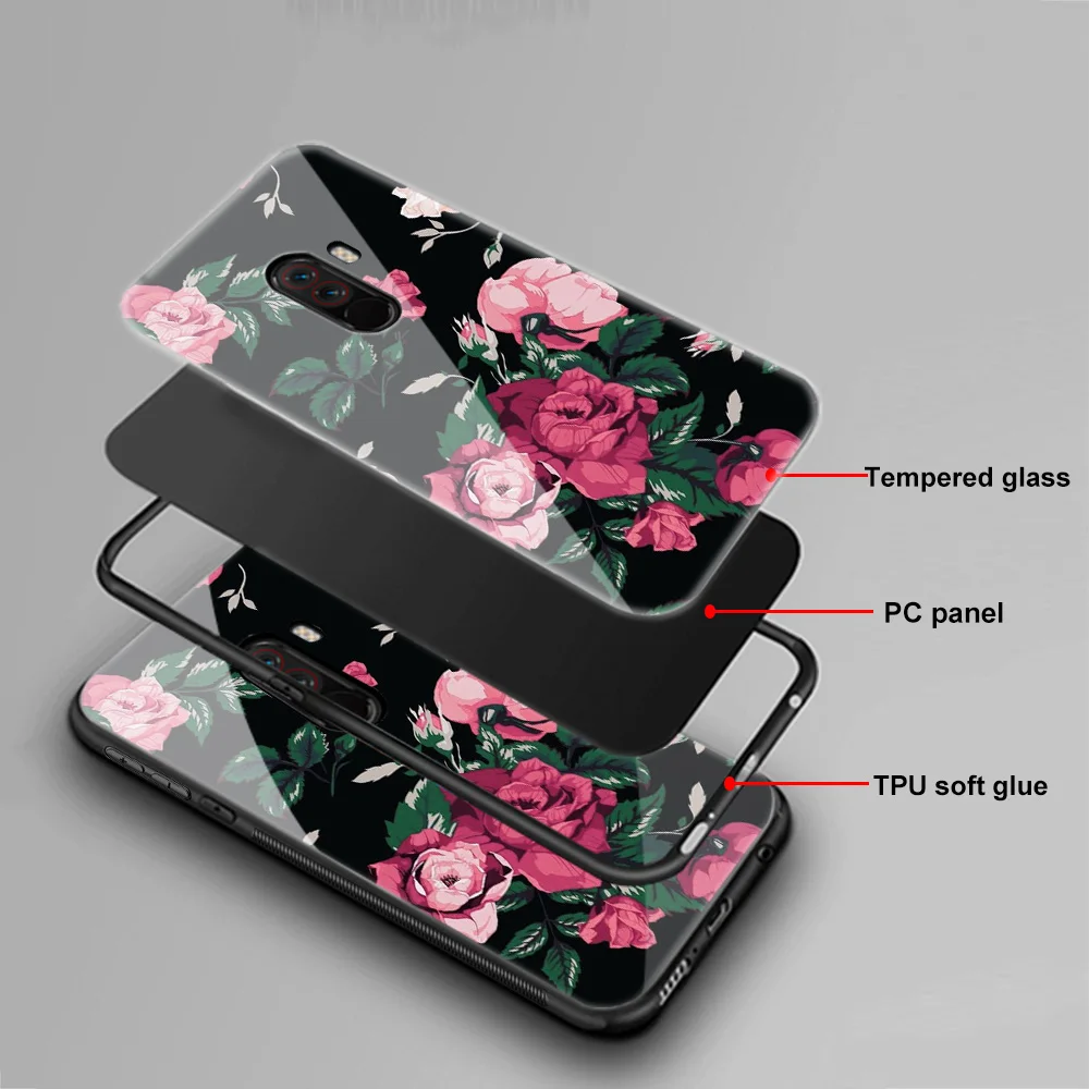 ciciber For XIAOMI PocoPhone F1 Tempered Glass Mobile Phone Case Silicone Coque Fundas Capa Flower Animal Starry Moon |