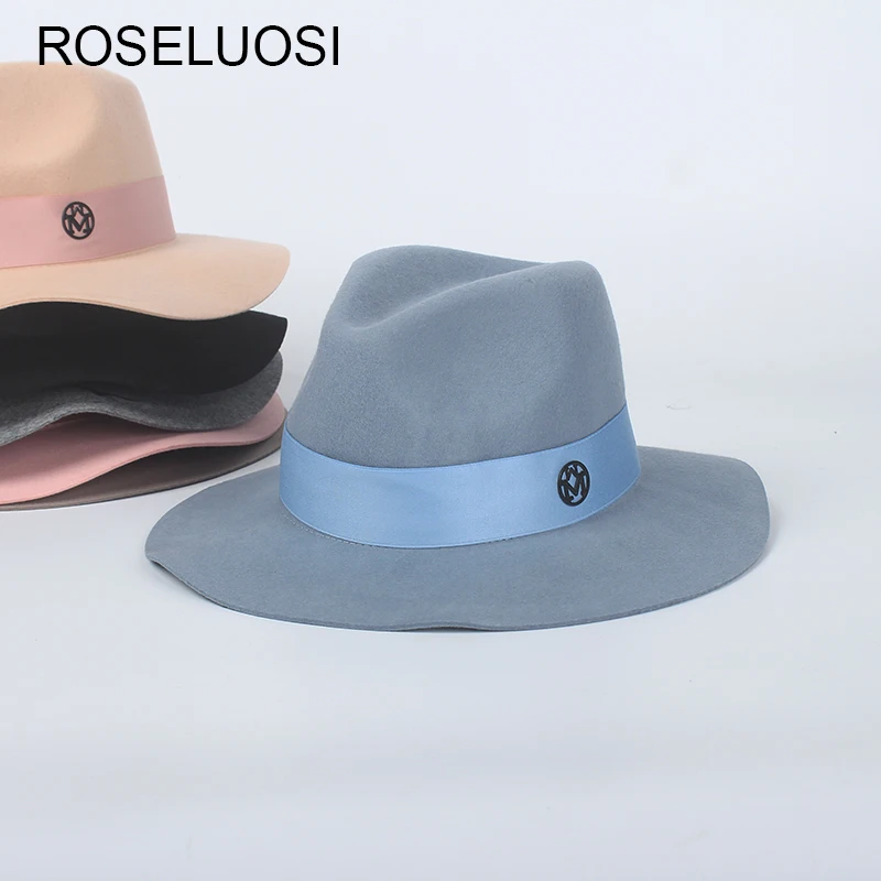 Осенне-зимняя шерстяная Федора ROSLEUOSI шляпа для женщин с широкими полями фетровые