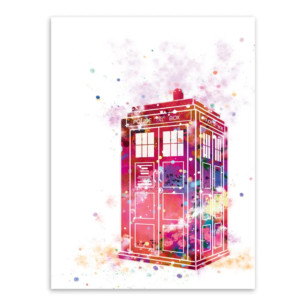 Оригинальный акварельный плакат Doctor Who A4 принт Лондонский телефонный стенд