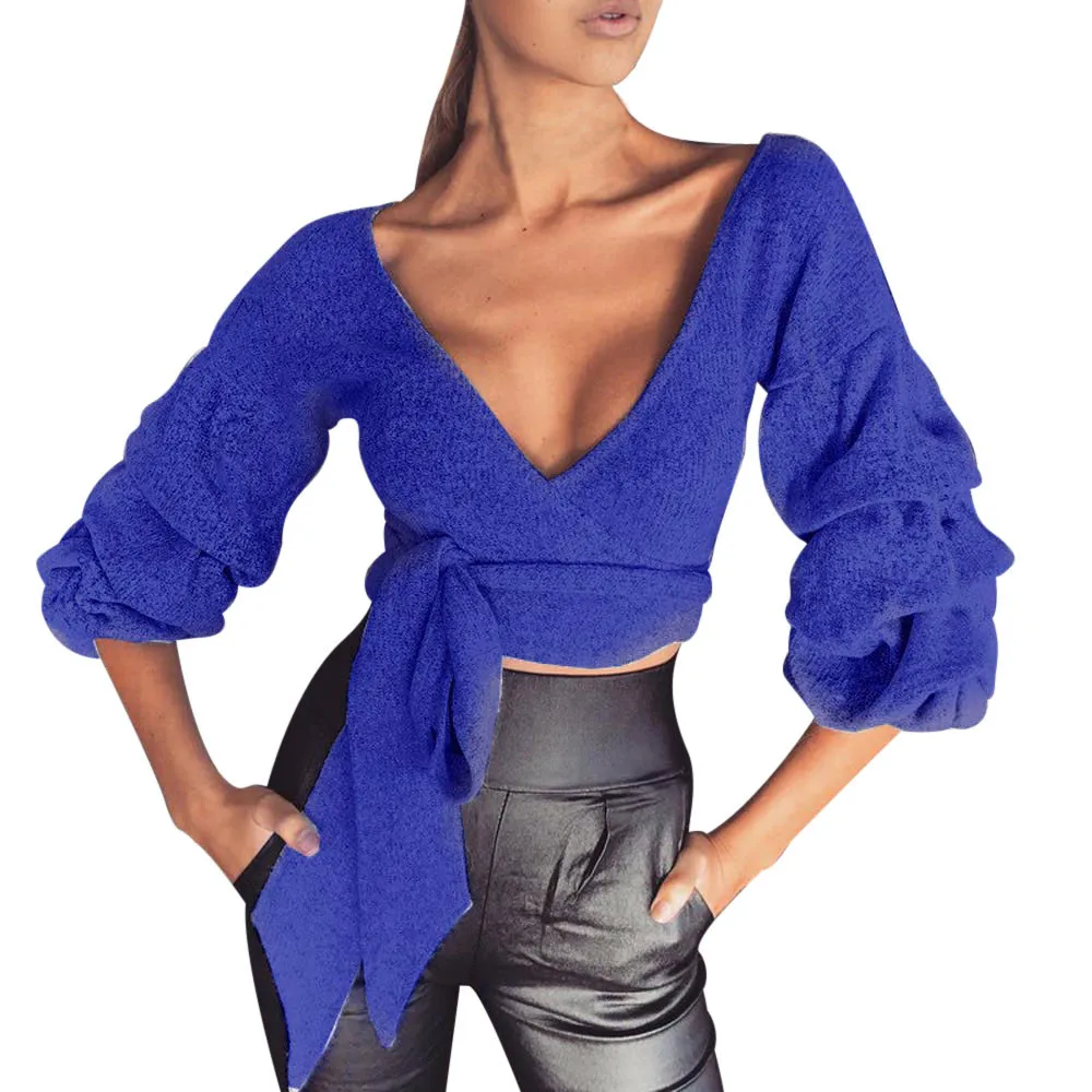 Women Ladies V Neck Knitted Sweater Long Sleeve Casual Crop Top shirts plus size women clothing blusas feminina Poleras de mujer | Женская