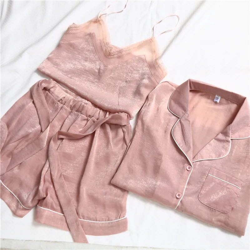 N Летняя женская шелковая пижама с принтом снега и лотоса удобный комплект из 3