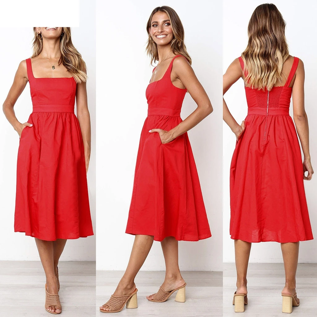 JAYCOSIN женское винтажное однотонное платье с карманами миди бандажные платья