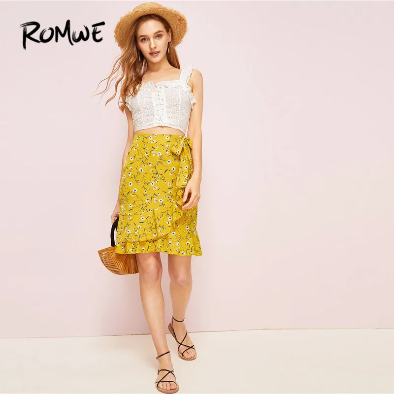 ROMWE Boho/желтая юбка с рюшами и цветочным принтом, с завязками на подоле, короткие юбки для отдыха, женские юбки до середины талии, выше колена, Облегающие юбки с цветочным узором