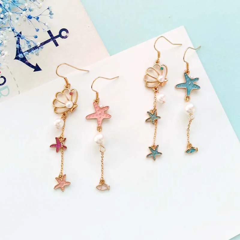 Original Japanese and Korean accessories source factory starfish shell dripping oil ear nail cartoon long tassel female earrings | Украшения