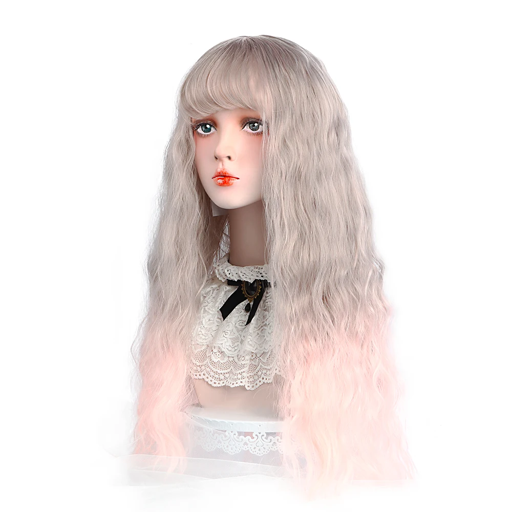 

26" Long Wavy Cosplay Lolita Wig With Bangs Brown Pink Ombre Synthetic Hair Party Cosplay Costume Wigs For Women Heat Resistant
