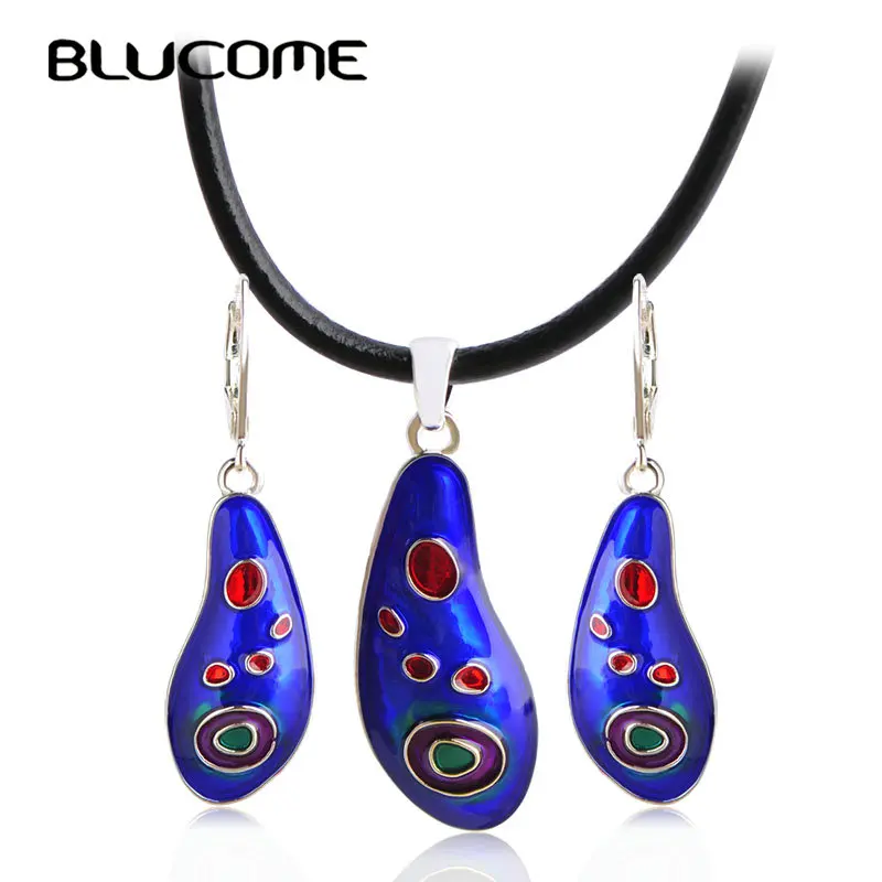 Женский комплект из колье и серёг Blucome синяя эмалированная цепочка с кулоном в