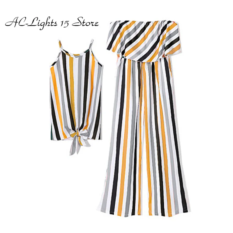 Полосатый комбинезон без рукавов для мамы и дочки Одежда Одинаковые комплекты