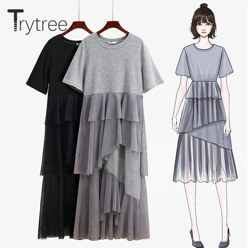 Фото Женское Ассиметричное платье Trytree Повседневное платье-футболка с длинным