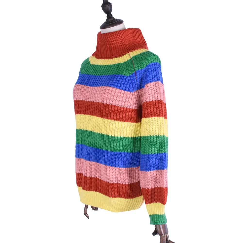 Casual Loose Autumn Winter Turtleneck Sweater Women Oversize Rainbow Striped Knitted Sweaters Warm Long Sleeve Pullover Sweater