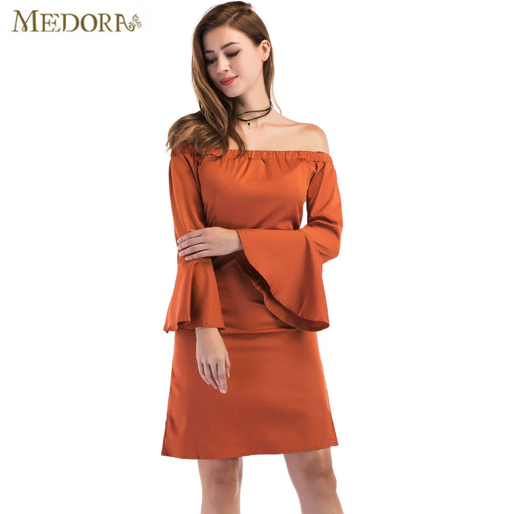 Осеннее платье Для женщин 2017 Новая мода Slash Средства ухода за кожей шеи с