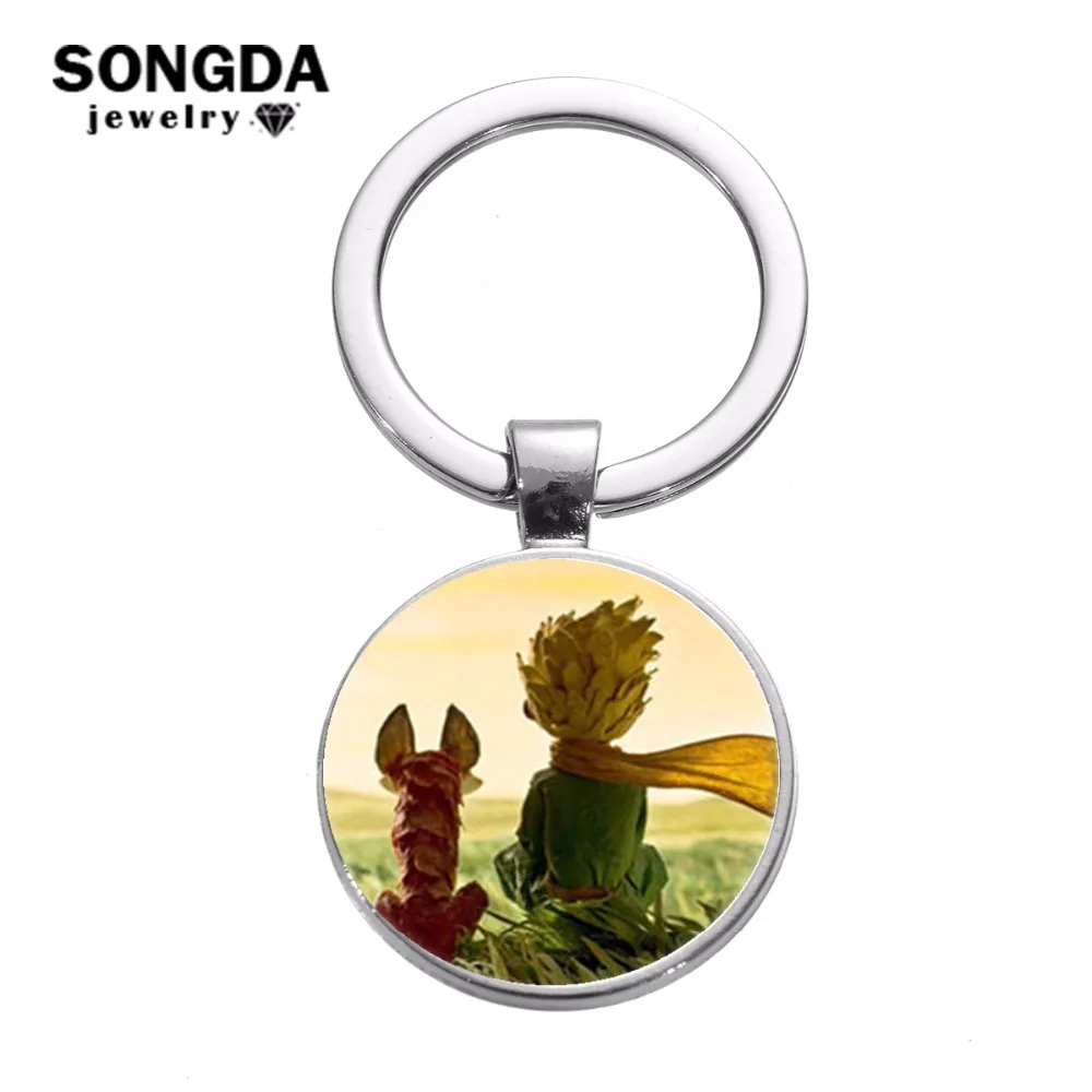 

SONGDA Classic Anime The Little Prince Keychain Silver Plated Glass Dome Key Chain Bag Charm Fairy Tale Keyring Holder Kids Gift