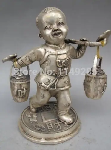 

Crafts statue Chinese Fengshui silver Wealth Boy Kid Ruyi carry a load Statue art sculpture halloween